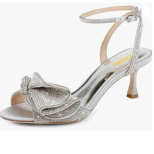 Milooey Silver Glitter Rhinestone Bow Elegant Crystal Ankle Strap Evening Sandal